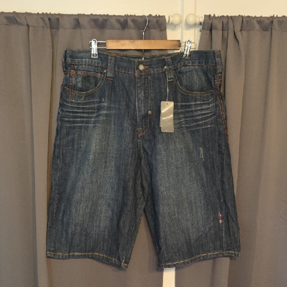 NWT COOGI Heritage Men's Dark Blue Jean Shorts Embroidery Patches Street Wear 38
